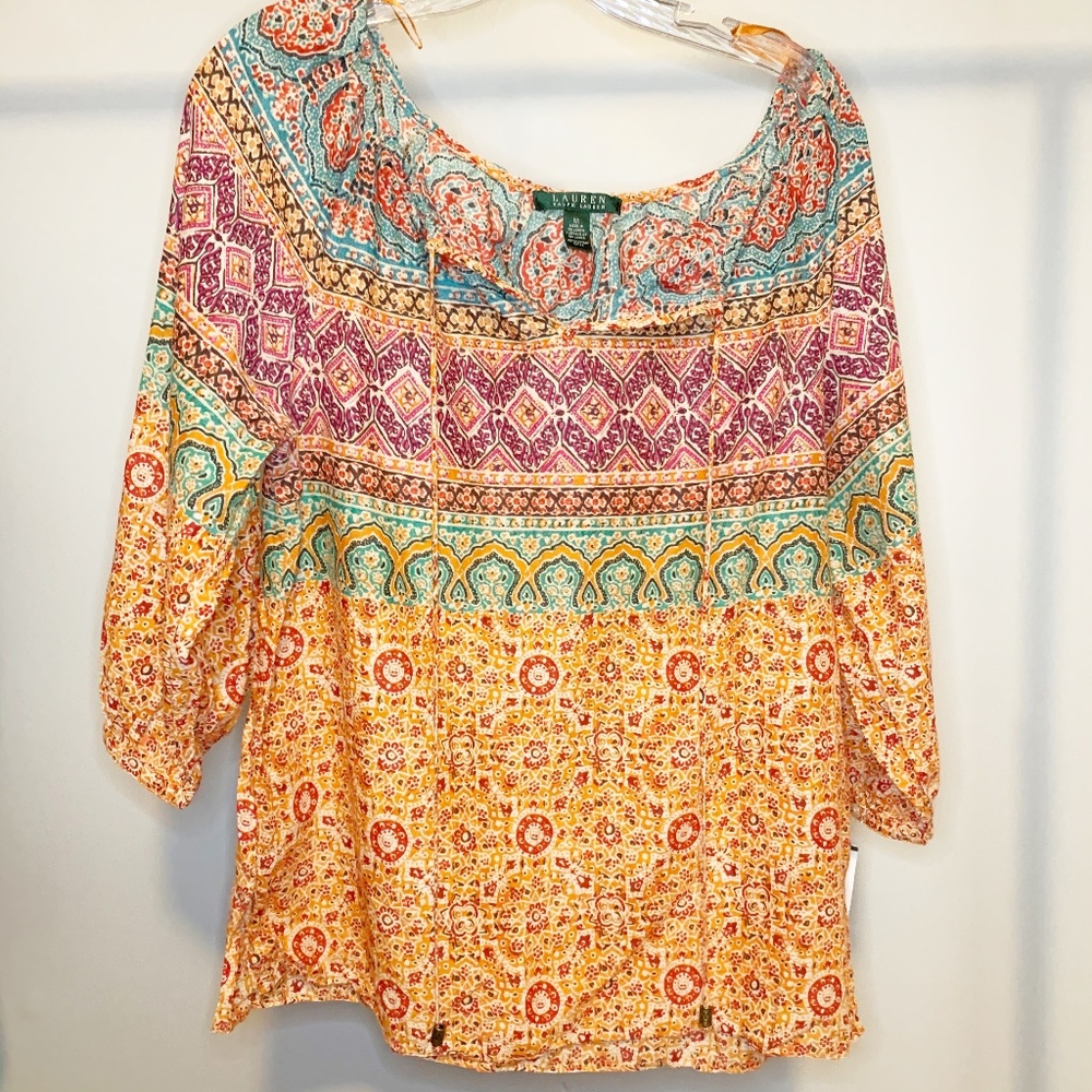 Lauren RL Multicolor Peasant Top M